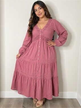 Lucky Brand  Dusty Rose Button-Front Maxi Dress L NWT